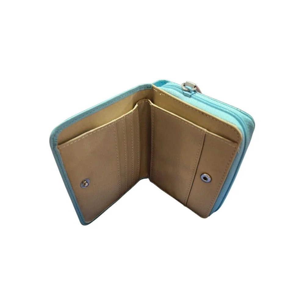 Fossil Aqua Blue‎ Leather Compact Zip Around Bifold Wallet with ID Window